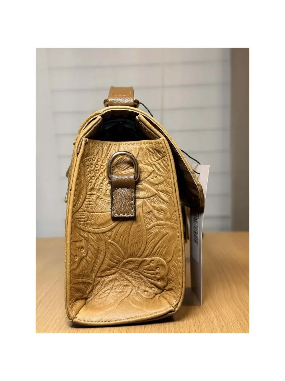 Camel Beige Sunflower Embossed Tooled Artisan LEATHER Crossbody bag Purse